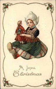 Winsch Christmas Little Dutch Girl with Doll c1910 Vintage Postcard