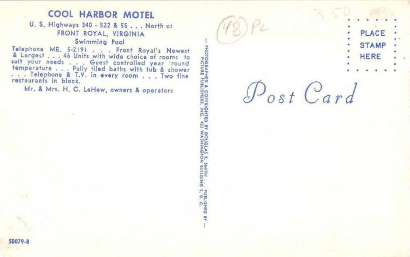 Front Royal Virginia swimming pool Cool Harbor Motel vintage pc Y15676