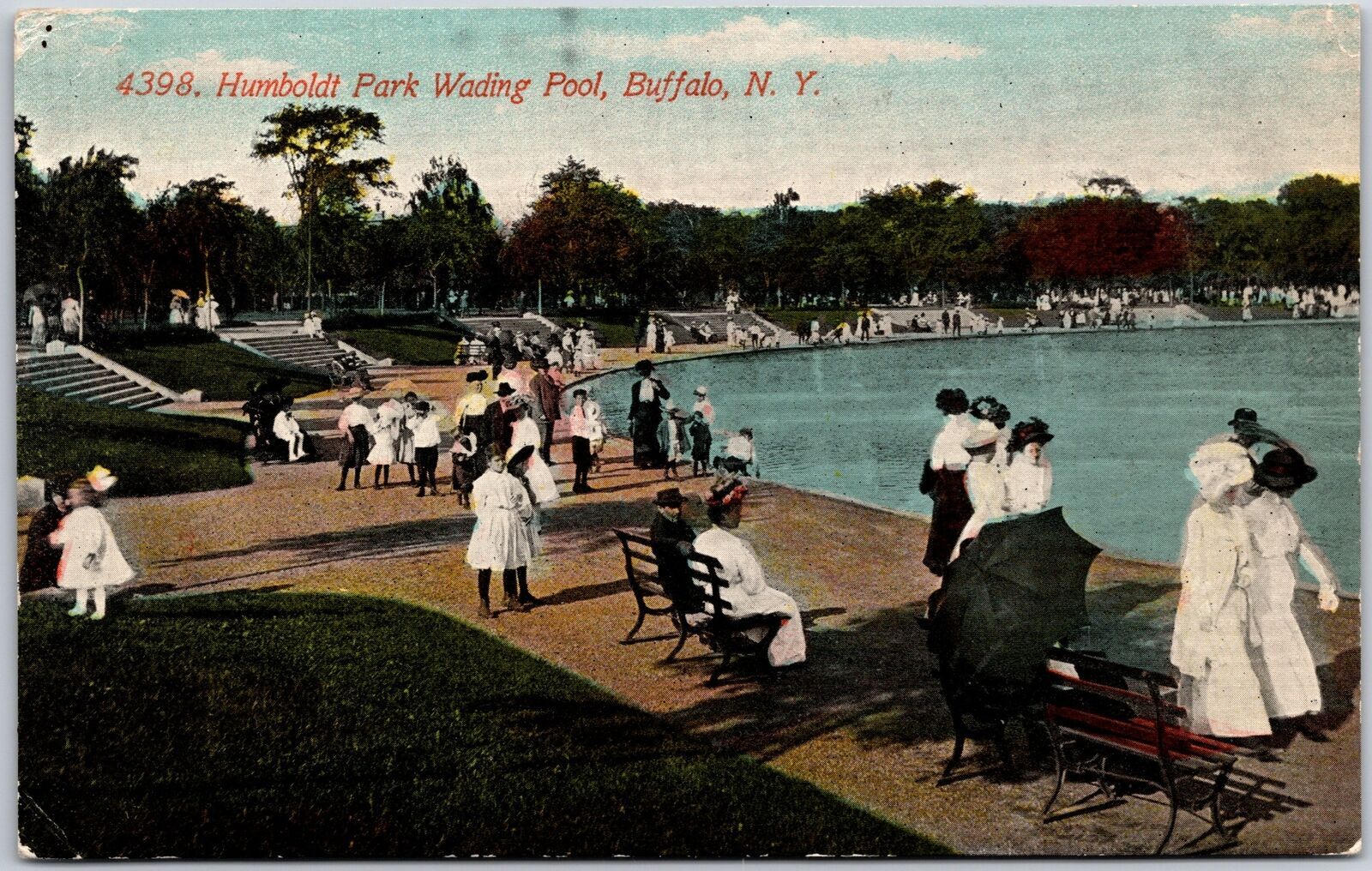 Humboldt Park Wading Pool Buffalo New York NY Crowd Scene Boardwalk