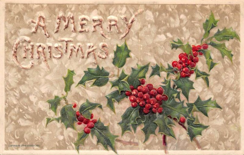Christmas A Merry Christmas Holly Berries,  Winsch, Embossed Vintage PC U4817
