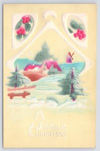 Joyful Christmas~Green Blue Red Dutch Windmill Scene~Airbrushed~Emb~Vintage PC