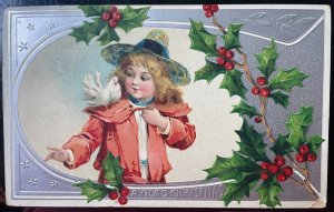 Vintage Victorian Postcard 1908 A Glad Christmas - Girl in Pink with dove