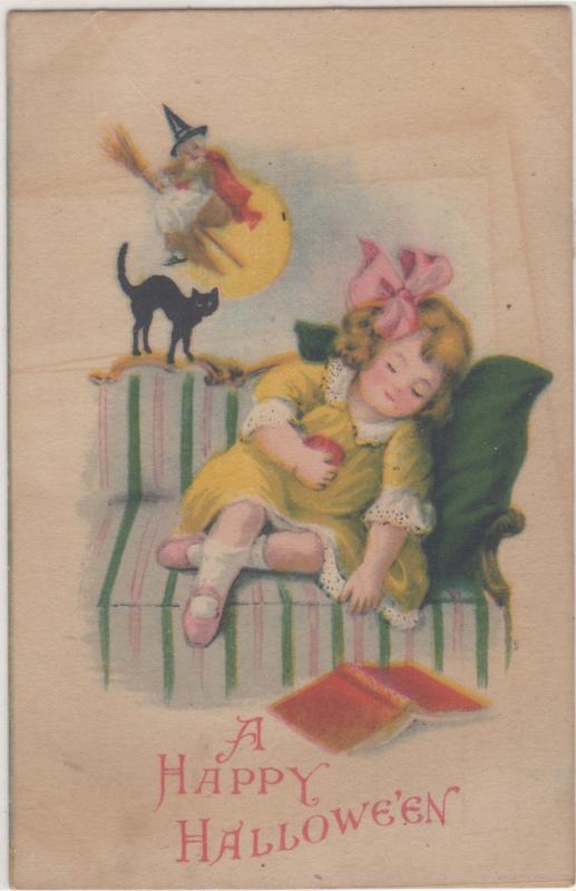 HALLOWEEN POST CARD; GIRL FELL ASLEEP ON COUCH, WITCH APPEARS