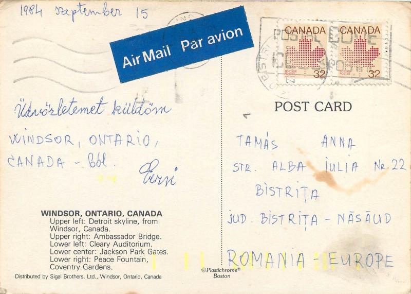 Windsor Ontario Canada The Rose City 1984 airmail postcard to Romania Bistrita