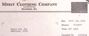 1939 MERIT CLOTHING CO MAYFIELD KY WALLS ORRVILLE OHIO BILLHEAD INVOICE Z261