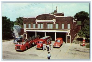 c1950's Central Fire Station Fire Trucks Officers Logansport Indiana IN Postcard 