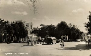 djibouti, DJIBOUTI, Place Ménélick, Bus (1950s) RPPC Postcard