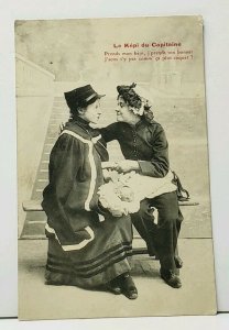 The Captains Kepi Woman and Serviceman Trade Caps Cute Couple Postcard I17