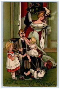 1908 Man Taking Care Children Woman Cigarette Smoke Warsaw IN Antique Postcard 