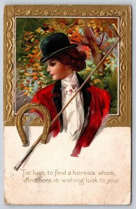 Lady Equestrian~Gold Framed Fade-Away~Gold Horseshoe~Crop~c1910 Vintage Postcard