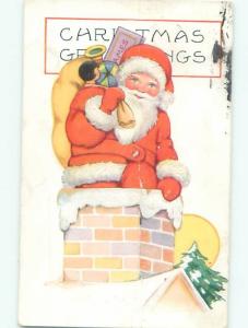 Pre-Linen Christmas SANTA CLAUS GOING DOWN THE CHIMNEY AB4894