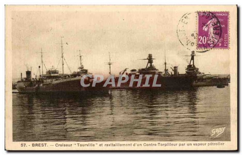 Old Postcard Brest Cruiser Tourville and supply of a torpedo against a steam ...