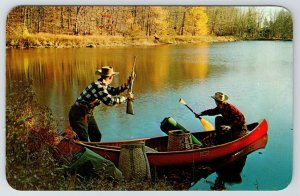 La Crosse WI FH Frey Holiday Calendar Ad Postcard~Northwoods Fishing Boat 1950s