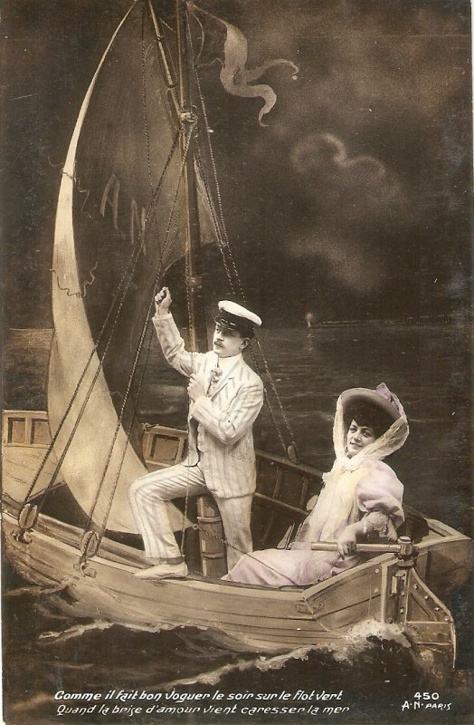 Couple. Wedding trip in sail boat Nice old vintage French postcvard