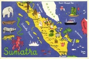 indonesia, SUMATRA, Map Postcard, Elephant Lobster Tiger (1940s)