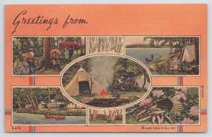 Linen~Greetings From Blank~Composite Camping Scenes~Fishing~Vintage Postcard