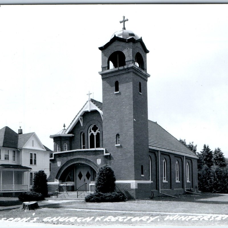c1950s Winterset, IA RPPC St. Joseph's Church & Rectory Bell Tower Photo PC A108