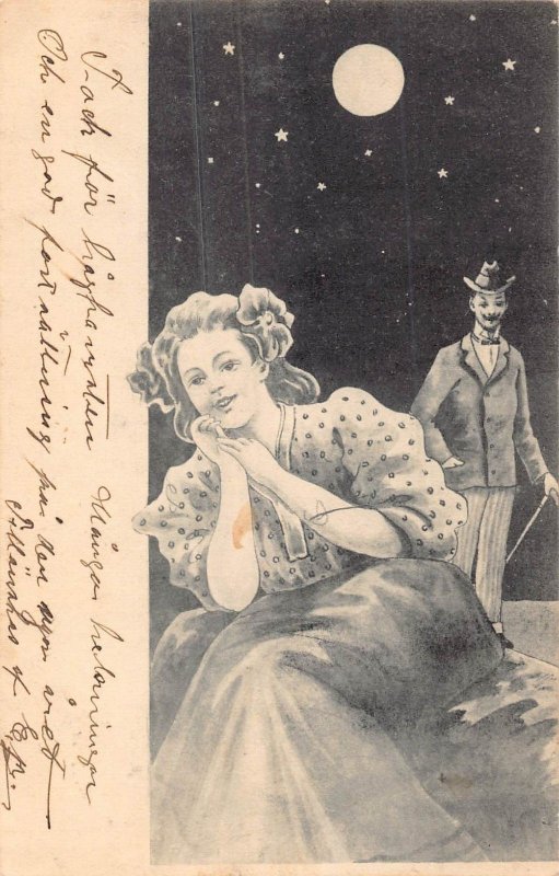 WOMAN DREAMS UNDER A FULL MOON & STARRY SKY~1905 SWEDISH POSTCARD