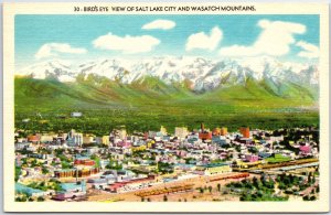 VINTAGE POSTCARD BIRD'S EYE VIEW OF SALT LAKE CITY LINEN c. 1940s