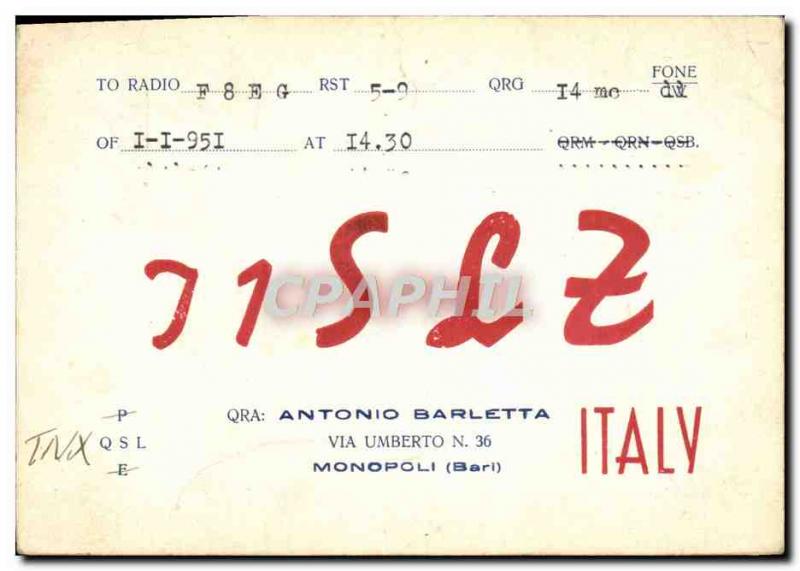 Postcard Old Telegraphie J1SLZ Anotnio Barletta Via Umberto Monopoli Bari Italy