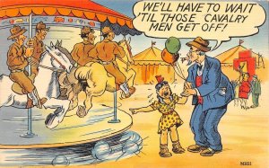 Military Comic  SOLDIERS ON MERRY GO ROUND Little Girl Crying  ca1940's Postcard