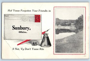 1913 Sunbry Ohio OH Vintage Postcard Forgotten Your Friends Mail Ink Posted