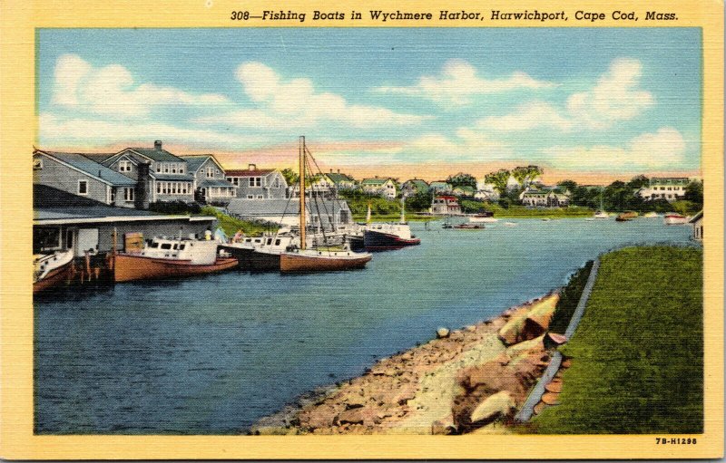 Vtg 1940s Wychmere Harbor Fishing Boats Cape Cod Massachusetts MA Postcard