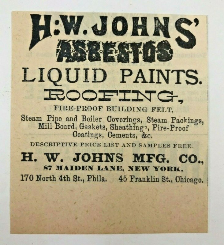 1884 H.W. Johns' Asbestos Liquid Paints Victorian Original Print Ad 2V1-93