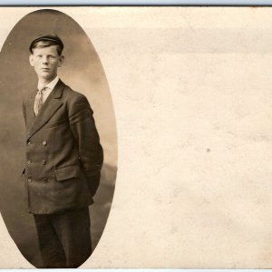 c1900s Handsome Young Man RPPC Newsboy Cap Hat Real Photo Mature Portrait A161