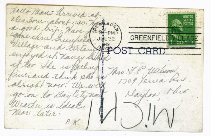 Dearborn, Michigan to Dayton, Ohio 1948 used Postcard, Greenfield Village Chapel