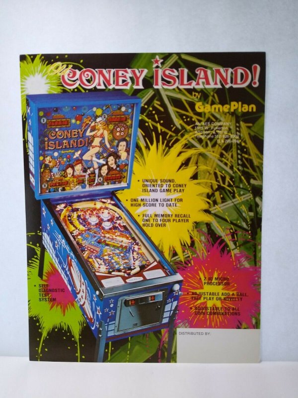 Coney Island Pinball Flyer Original 1980 Game Plan Artwork Promo 8.5 x 11