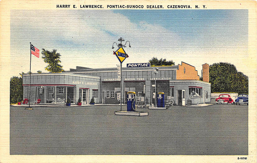 Cazenovia NY Pontiac Dealership and Sunoco Gas Station Linen Postcard United States Roadside