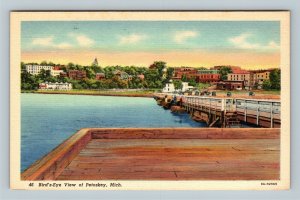 Petoskey MI, Bird's Eye Town View, Pier Bay Period Cars, Linen Michigan Postcard