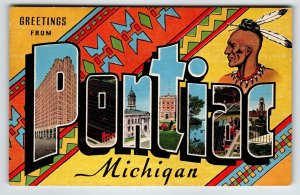 Greetings From Pontiac Michigan Large Big Letter Postcard Linen Unused Kropp