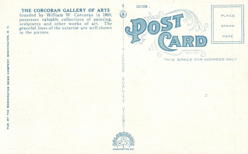 Vintage Postcard 1920's Corcoran Gallery of Art Washington DC District Columbia