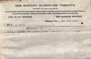 1914  Bridgeport  Connecticut  The Hawley Hardware Co.  Receipt  8 x 5