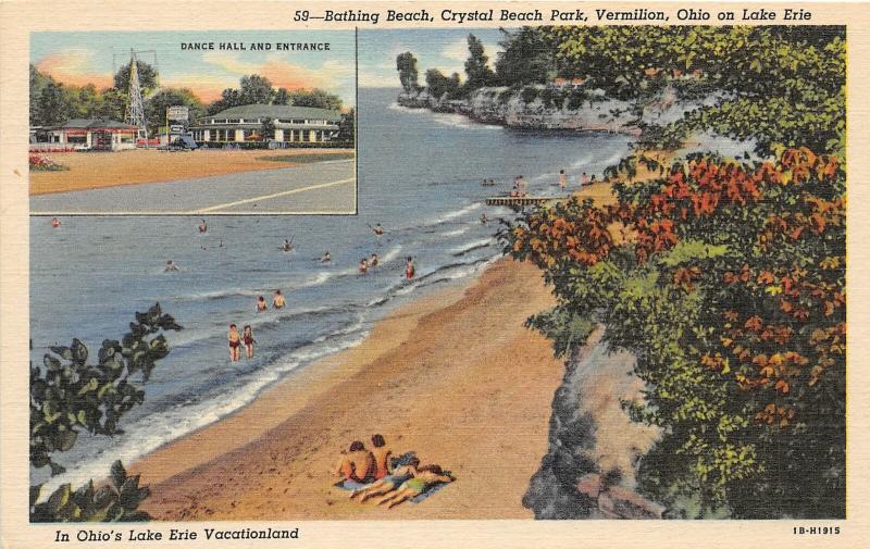 F64/ Vermilion Crystal Beach Park Ohio Postcard Linen 2View Rides Beach