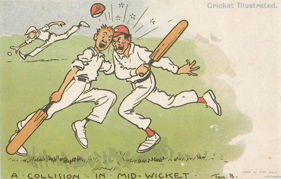 Tom Browne Cricket A Collision In Mid Wicket Comic Postcard