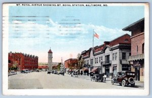 1924 BALTIMORE MD MT ROYAL AVENUE RAILROAD STATION OLD CARS PATRIOTIC POSTCARD