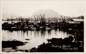 Tofino BC Fishing Boats 1933 Quatsino BC Split Ring Cancel RPPC Postcard H48