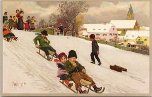 Children Tobagganing Sleds Snow Paul Hey Signed c1907 Postcard E61