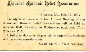 ME - Augusta. Kennebec Masonic Relief Association, October 12, 1877 - U.S. Po...