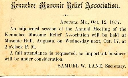 ME - Augusta. Kennebec Masonic Relief Association, October 12, 1877 - U.S. Po...