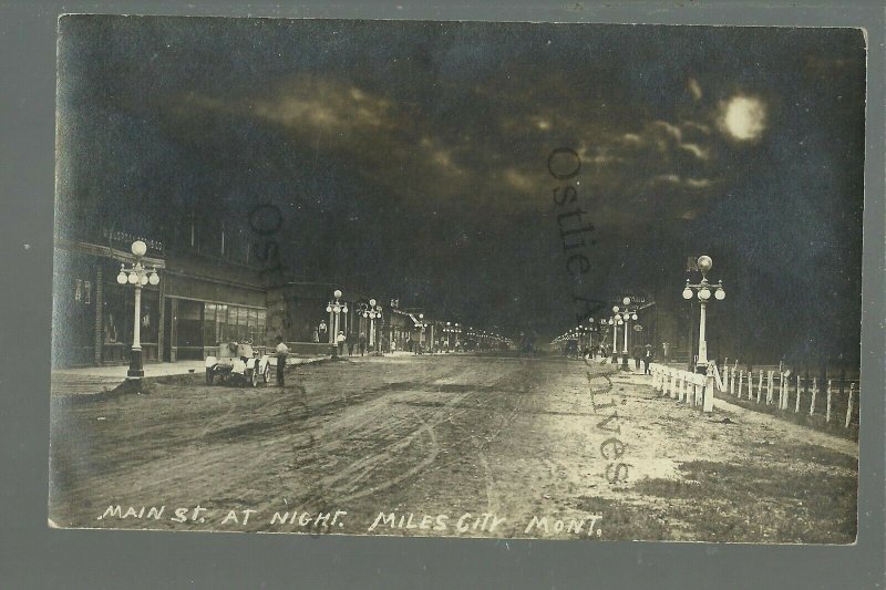 Miles City MONTANA RPPC c1910 MAIN STREET at NIGHT ELECTRIC LIGHTS Add on MOON