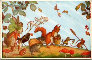 Artist Postcard Harvest Time by Molly Brett Forest Animals Collecting Food