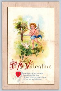 To My Valentine Cupid Chasing A Dove, Antique 1916 Embossed Postcard Series V-74