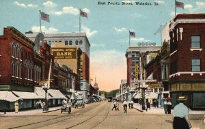 Vintage Postcard East Fourth Street Commercial Bank Drug Store Waterloo Iowa IA