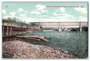 1908 Omaha Railroad Bridge Rocks River Lake Logs Eau Claire Wisconsin Postcard