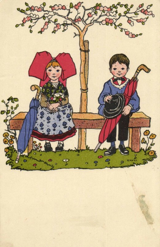 PC CPA HANSI, ARTIST SIGNED, BOY AND GIRL ON A BENCH, VINTAGE POSTCARD (b7652)