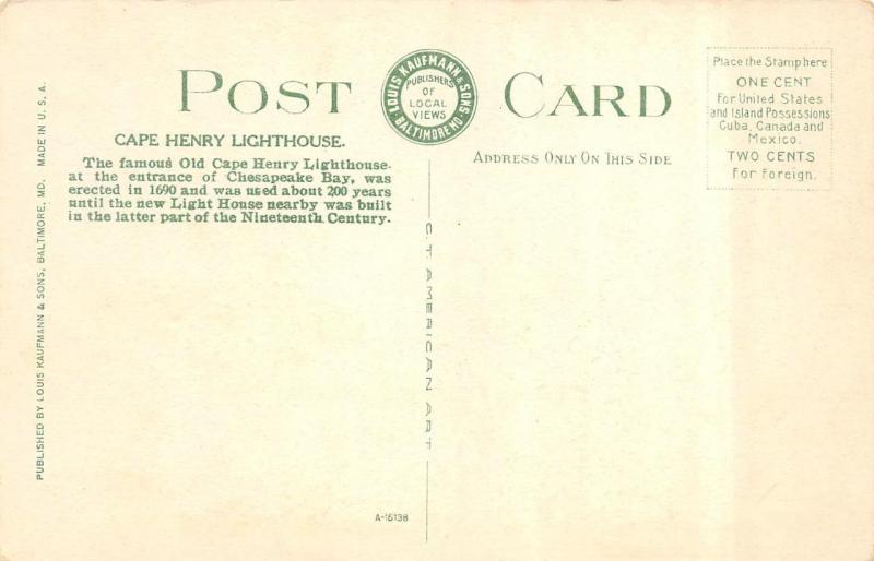 CAPE HENRY, VA Virginia  OLD & NEW LIGHT HOUSES  Lighthouse  c1920's Postcard